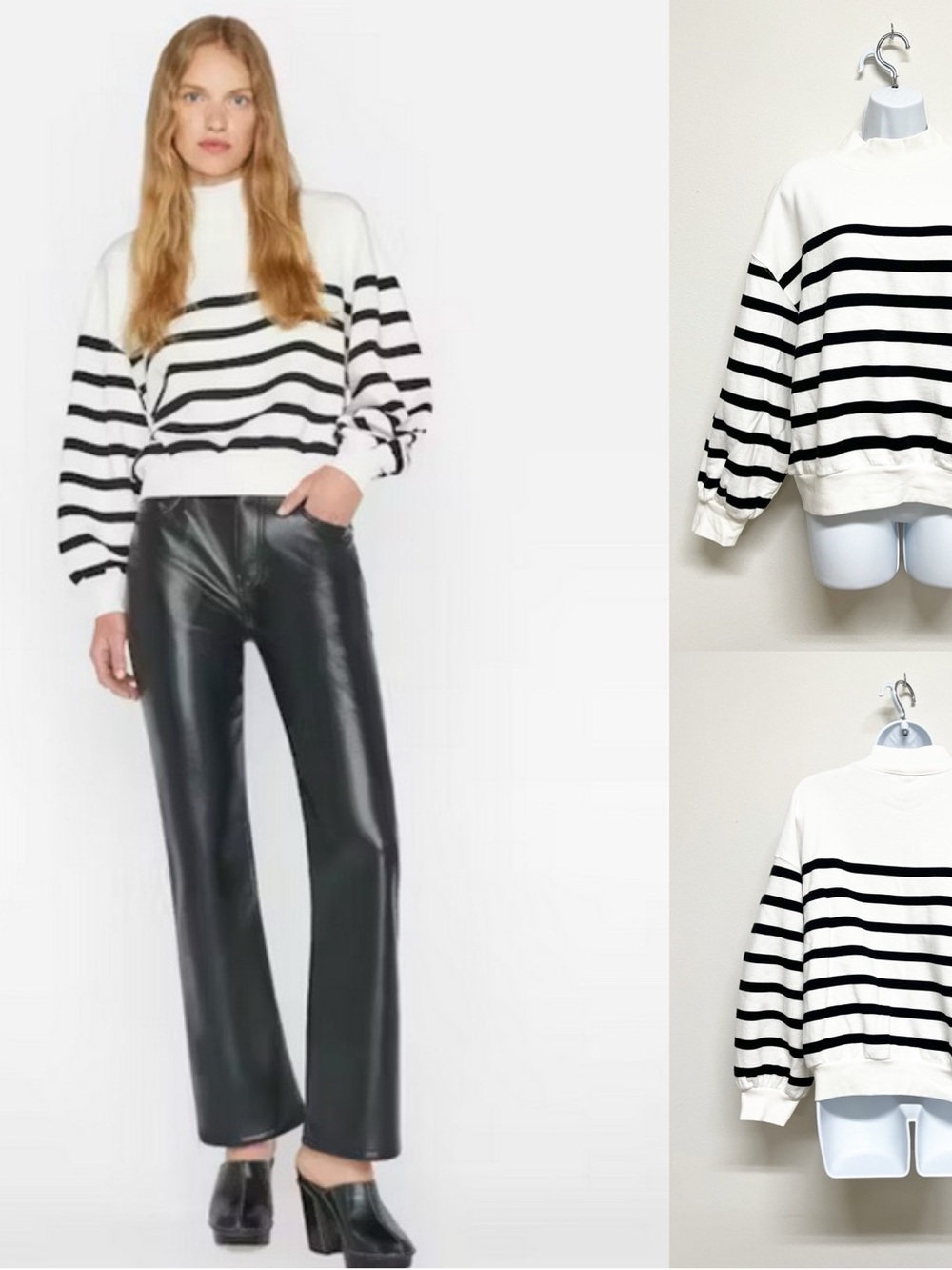 Frame Denim Womens Striped Black and White Balloon Sleeve Mock Neck Sweatshirt - Picture 11 of 11